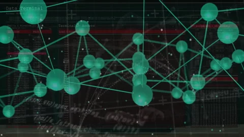 Teal network graph fading in rotating and emphasizing clusters highlighting red Stock Footage 312240692