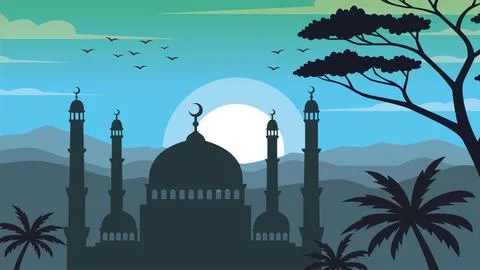 Teal Night Mosque With Crescent Moon Stock Illustration