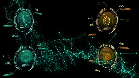 Teal node cluster appearing, teal and gold HUD rings expanding, pulsing, linking Stock Footage 334338042