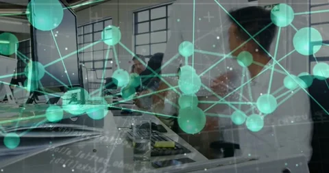 Teal node network emerging as worker typing, taking docs, drinking, showing data 스톡 동영상 331126022