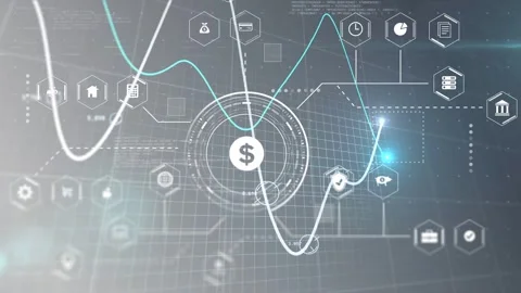 Teal node reaching peak, dollar HUD pulsing and links moving to icons to show Video stock 334465766