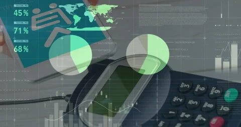 Teal overlay appearing above payment terminal animating gauges charts map table Stock Footage 313618535