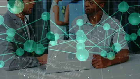 Teal overlay covering frame, two men leaning over laptop, gesturing, agreeing on Stock Footage 334466080