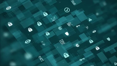 Teal padlock shield eye and checkmark icons in a diagonal pattern on a dark Vídeo Stock 344721779