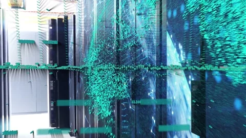 Teal particle streams activating from entry and sweeping across server racks, Stock Footage 332685882