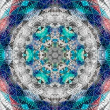 Teal patchwork mandala, kaleidoscope, abstract, blossom. Illustration