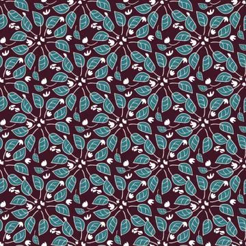 Teal plants seamless vector pattern on dark maroon Stock Illustration