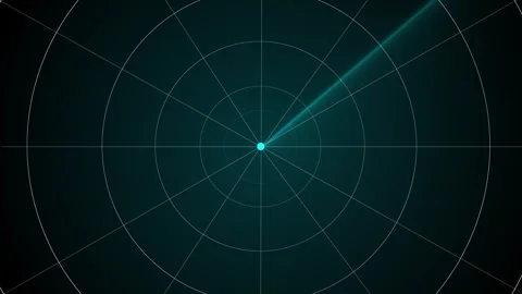 Teal radar scan background circular target grid, sweeping beam, center point, fu Stock Footage 340402301