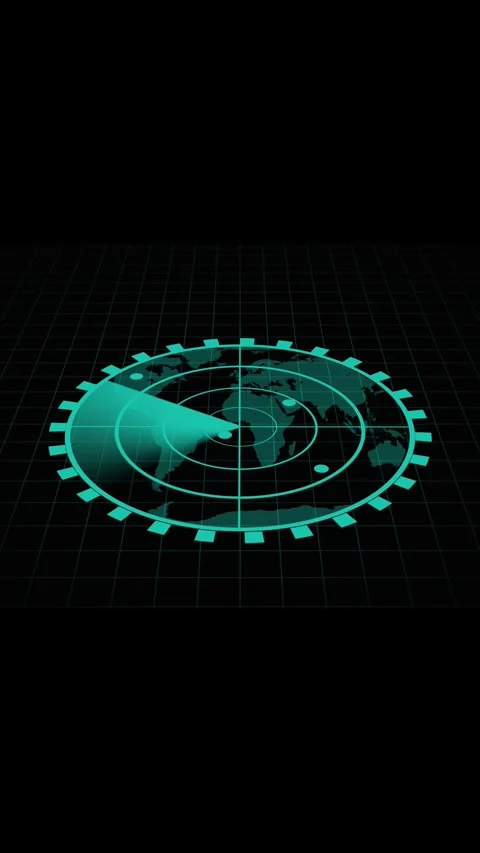 Teal radar screen with world map overlay and target dots. Teal radar screen.. Stock Footage 344843363
