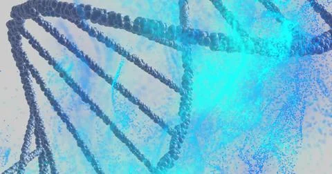 Teal ribbon sweeping from top-right starting beaded DNA helix rotating, Stock Illustration
