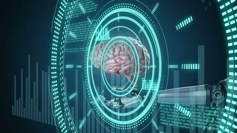 Teal rings pulsing, robotic hand reaching, brain hologram appearing, rings Stock Footage 334337473