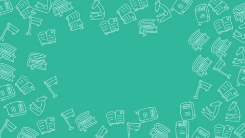 Teal school pattern background with books, flag and microscope illustrations Stock Footage 325570842