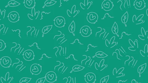 Teal seamless doodle pattern background with leaves hearts and question marks Video stock 331597271