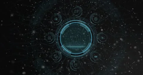 Teal shield pulsing causing 3D HUD building with fingerprint scanning icons Stock Footage 323175189