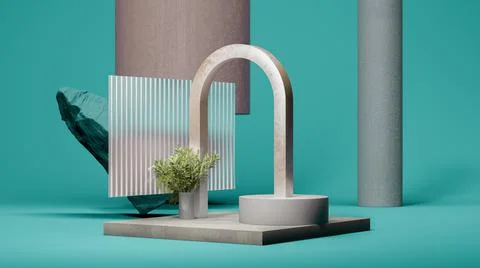 Teal space with gray columns, podium and arc. Minimal design. 3d rendering. Stock Illustration