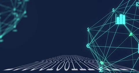 Teal sphere hovering in virtual space with receding binary code plane, financial Stock Photos