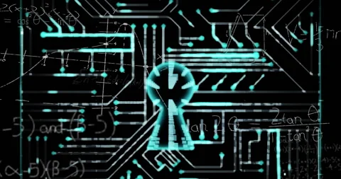 Teal square fading in over formulas, spawning grid shifting into padlock Stock Footage 309893908