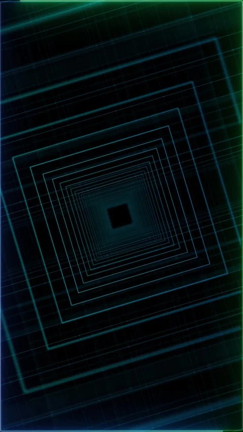 Teal square tunnel grid background with nested geometric frames, dark center dep Stock Footage 340555283