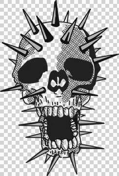 Teal stylized skull is floating on transparent background, featuring halftone Illustrazione stock