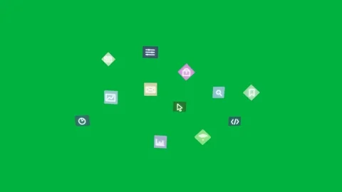 Teal timer starting inbound icons converging, hovering, dispersing on Stock Footage 334726979