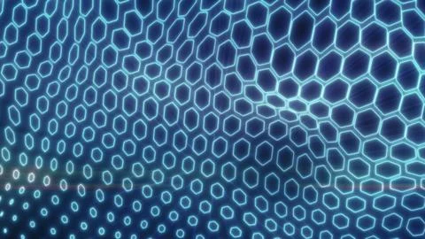 Teal-toned glowing hexagonal mesh curving into a futuristic wave pattern, s.. Illustrazione stock