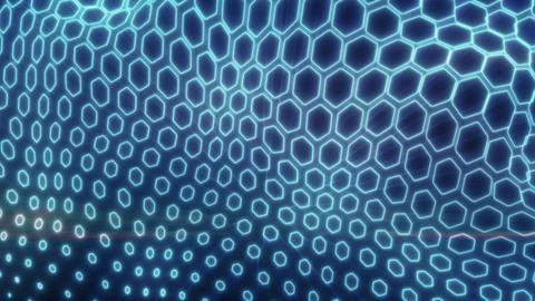 Teal-toned glowing hexagonal mesh curving into a futuristic wave pattern, s.. Stock Photos
