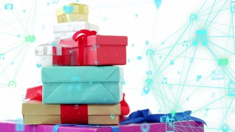 Teal web appearing, expanding, sending icons over gifts as camera panning up, Stock Footage 329454091