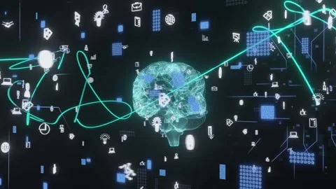 Teal wireframe brain rotating, pulsing, green ribbon entering left linking icons Stock Footage 334351825