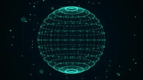 Teal wireframe digital twin globe with glowing nodes and floating particles.. Stock Illustration
