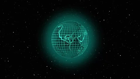 Teal wireframe globe in space with stars. Teal wireframe globe for futurist.. Stock Footage 337815468