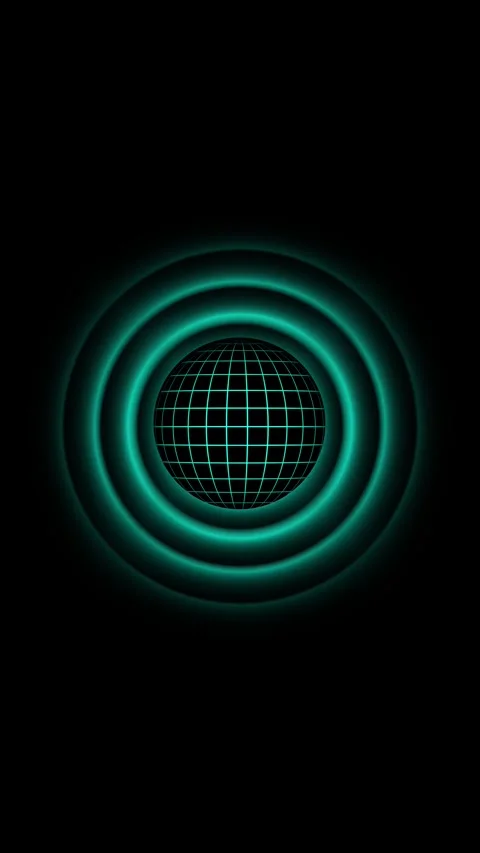 Teal wireframe globe with teal concentric rings on black background. Digita.. Stock Footage 345964339