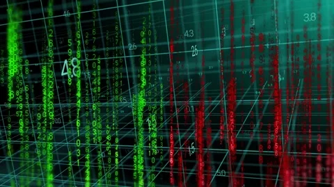 Teal wireframe numeric field growing green and red columns as camera moving, Stock Footage 335652074
