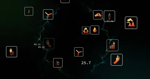 Teal wisps forming ring starting pulse, orange icons orbiting, numeric values Stock Footage 329702065
