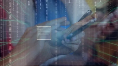 Team of 3 standing at counter tapping phones camera closing activating tech Stock Footage 335317599