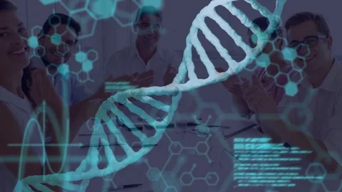 Team of 5 clapping, applause starting teal DNA helix with code scrolling over Stock Footage 333004508