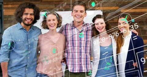 Team of 5 posing while animated energy icons driven by live data sweeping Video stock 321701119