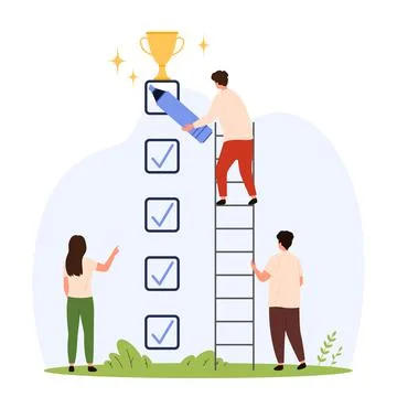 Team Achieving Goals with Checklist Trophy Stock Illustration