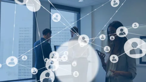 Team analyzing charts and scrolling phone after node appearance while tech Video stock 311217005