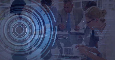 Team analyzing code while blue HUD graphic animating left initiating JS code Stock Footage 312098927