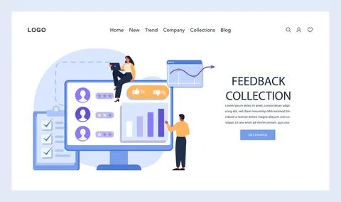Team analyzing customer feedback on large screen, emphasizing data-driven Illustrazione stock