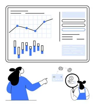 Team Analyzing Financial Data Visualizations on a Large Display Screen with.. Stockillustratie