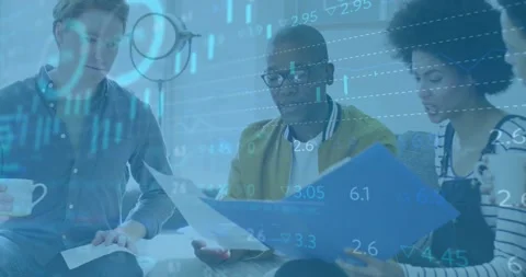 Team analyzing financial data while colleague opening folder and revealing Stock Footage 317741351