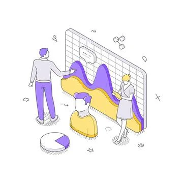 Team Analyzing User Profile Data And Market Research Chart Isometric Vector.. Stock Illustration