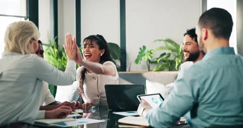 Team, applause and high five in office with data analysis, carbon footprint Stock Footage 347959981