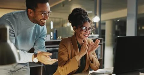 Team, applause and people with computer in business, online or happy for Stock Photos