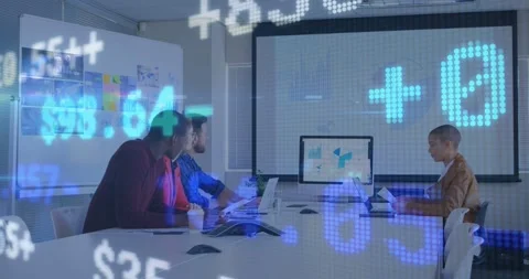 Team around table, lead starting slides while moving finance data flowing across Stock Footage 331336271