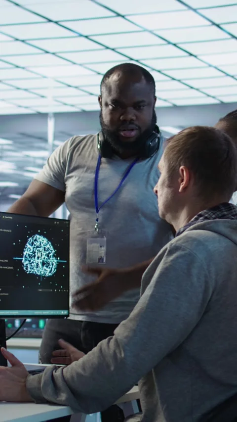 Team of artificial intelligence engineers repairing data center systems Stock Footage 319575209