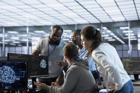 Team of artificial intelligence experts repairing data center systems Stock Photos