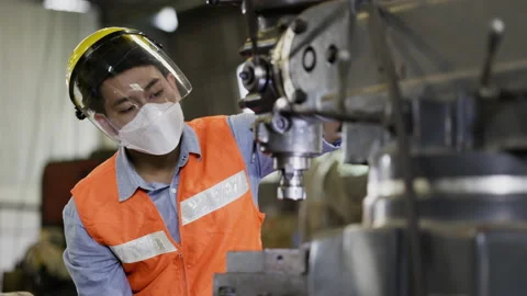 Team Asian Machine engineer wearing face shield work active in factory Industry. Stock Footage 159222396
