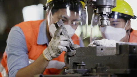 Team Asian Machine engineer wearing face shield work active in factory Industry. Stock Footage 159222681